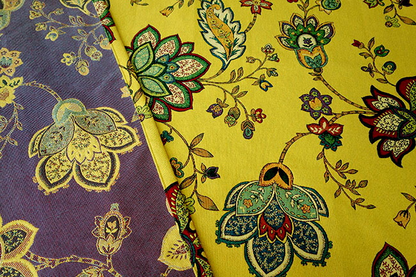 オーダーカーテン(ドレープ) スペイン製　花柄「モガンボYE」 ヨーロッパ　遮光3級　イエロー　 共布タッセル付き　インポートカーテン