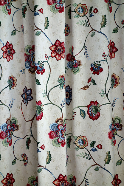 オーダーカーテン(ドレープ) スペイン製　花柄モチーフ「シロコ」ゴブラン織　ベージュ 共布タッセル付き　インポートカーテン