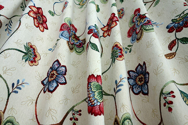 オーダーカーテン(ドレープ) スペイン製　花柄モチーフ「シロコ」ゴブラン織　ベージュ 共布タッセル付き　インポートカーテン