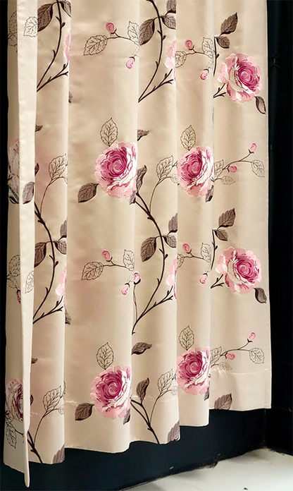 オーダーカーテン(ドレープ) インド製　サテン生地　刺繍「ラノス」　ベージュ　薔薇模様　共布タッセル付き　インポートカーテン