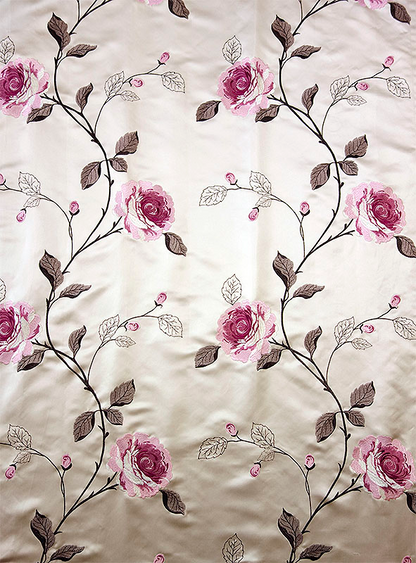 オーダーカーテン(ドレープ) インド製　サテン生地　刺繍「ラノス」　ベージュ　薔薇模様　共布タッセル付き　インポートカーテン