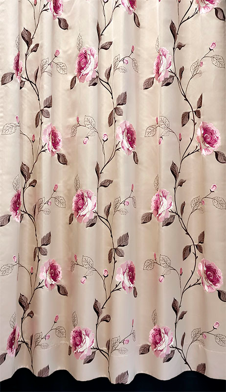 オーダーカーテン(ドレープ) インド製　サテン生地　刺繍「ラノス」　ベージュ　薔薇模様　共布タッセル付き　インポートカーテン